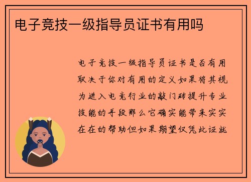 电子竞技一级指导员证书有用吗